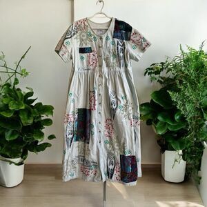 Vtg 1990's VC TORIAS Hand Painted Floral Art To Wear Denim Maxi Dress OS Teacher